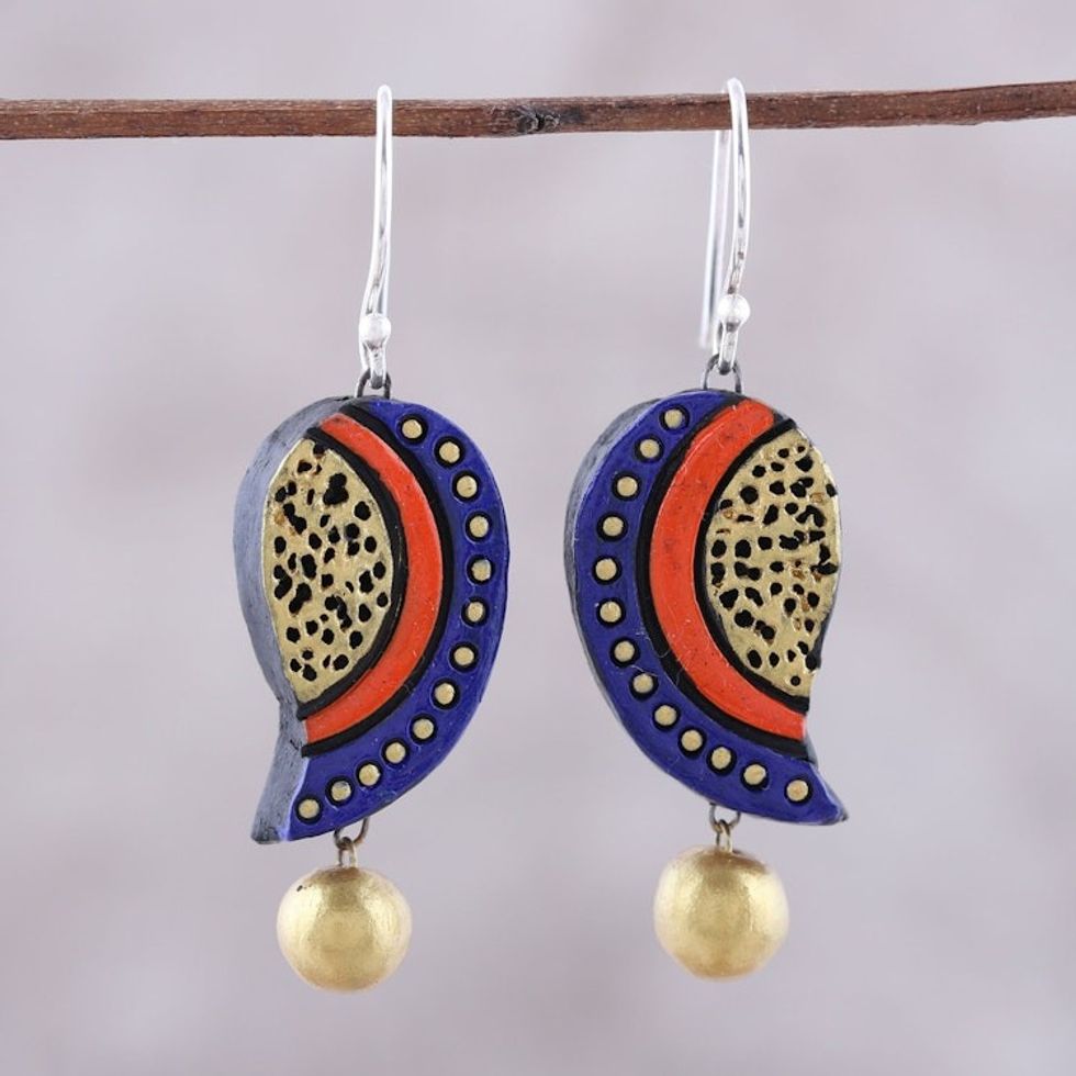 Hand-Painted Ceramic Dangle Earrings Crafted in India 'Mango Bliss'