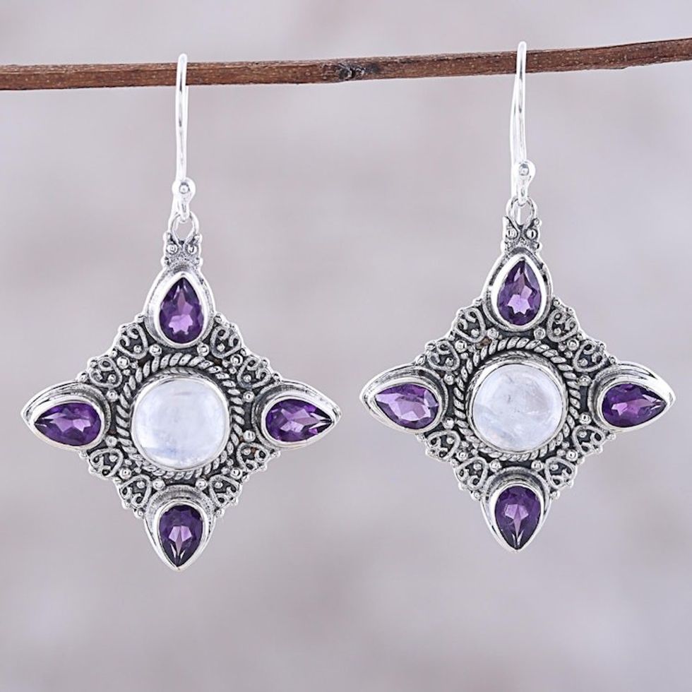 Rainbow Moonstone Amethyst Sterling Silver Dangle Earrings 'Eternal Delight'