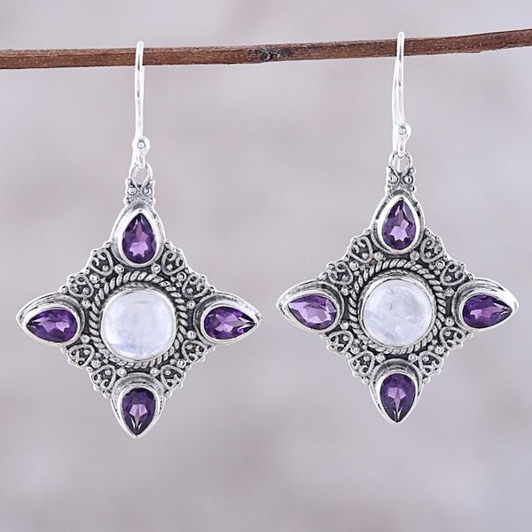 Alternate image for Rainbow Moonstone Amethyst Sterling Silver Dangle Earrings Eternal Delight