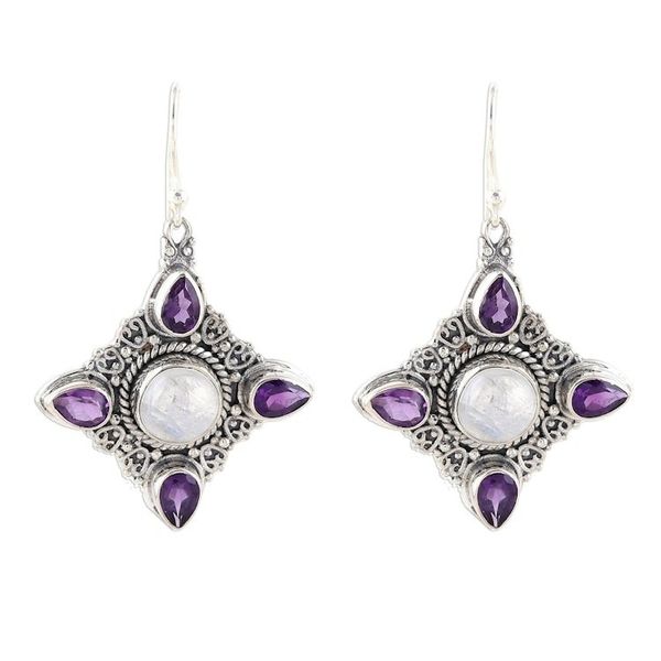 Alternate image for Rainbow Moonstone Amethyst Sterling Silver Dangle Earrings Eternal Delight