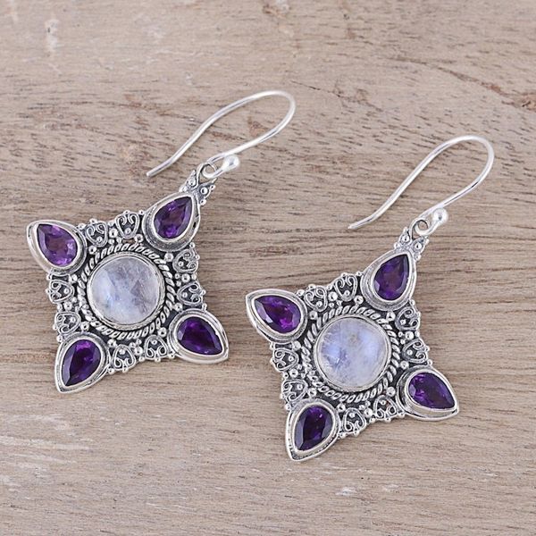 Alternate image for Rainbow Moonstone Amethyst Sterling Silver Dangle Earrings Eternal Delight