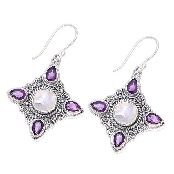 Alternate image for Rainbow Moonstone Amethyst Sterling Silver Dangle Earrings Eternal Delight