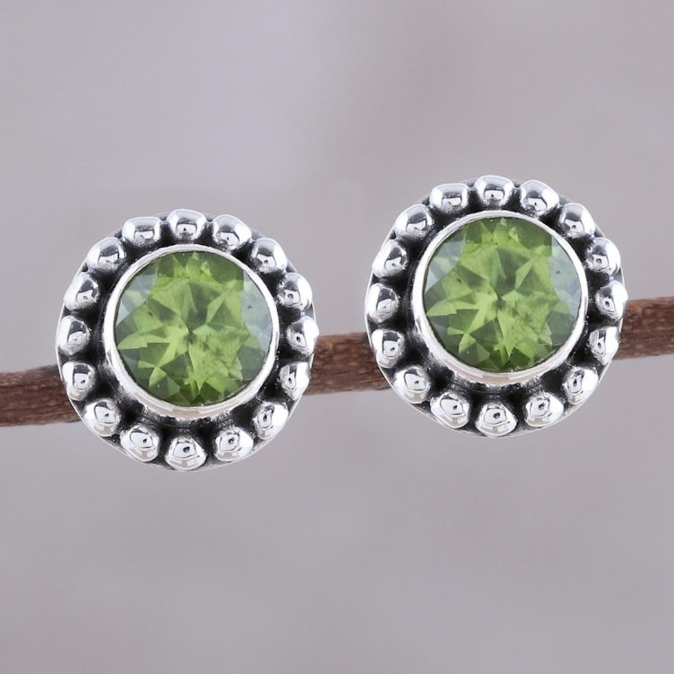Round Peridot and Sterling Silver Dot Motif Stud Earrings 'Glistening Dale'