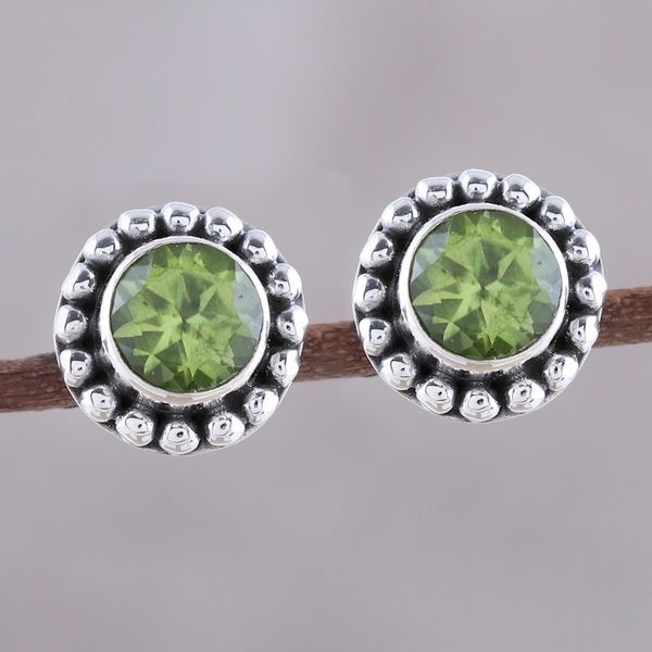 Alternate image for Round Peridot and Sterling Silver Dot Motif Stud Earrings Glistening Dale