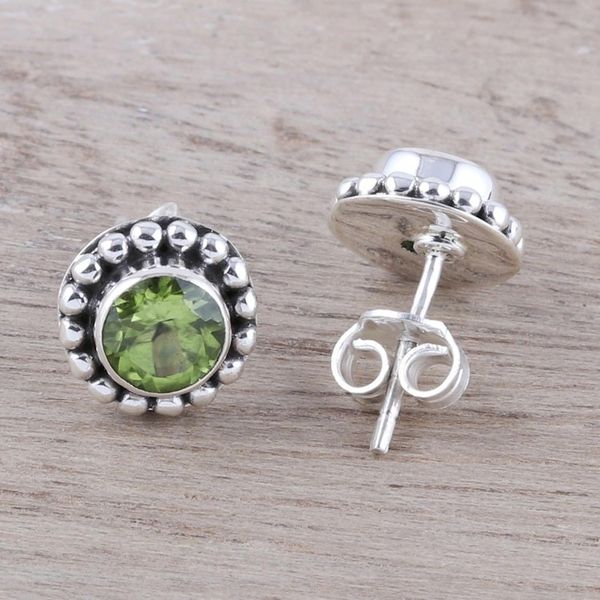 Alternate image for Round Peridot and Sterling Silver Dot Motif Stud Earrings Glistening Dale