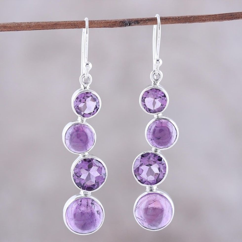Round Faceted Amethyst and Sterling Silver Dangle Earrings 'Purple Raindrops'