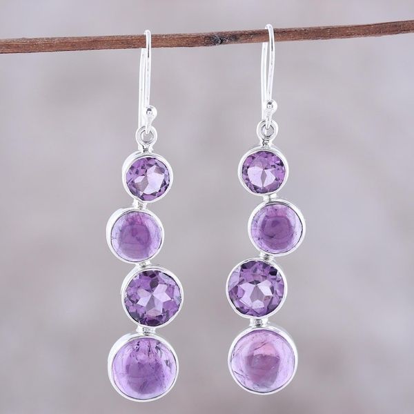 Alternate image for Round Faceted Amethyst and Sterling Silver Dangle Earrings Purple Raindrops