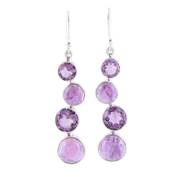 Alternate image for Round Faceted Amethyst and Sterling Silver Dangle Earrings Purple Raindrops