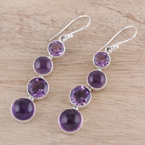 Alternate image for Round Faceted Amethyst and Sterling Silver Dangle Earrings Purple Raindrops