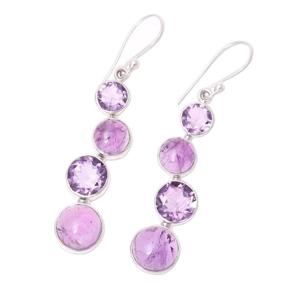 Alternate image for Round Faceted Amethyst and Sterling Silver Dangle Earrings Purple Raindrops