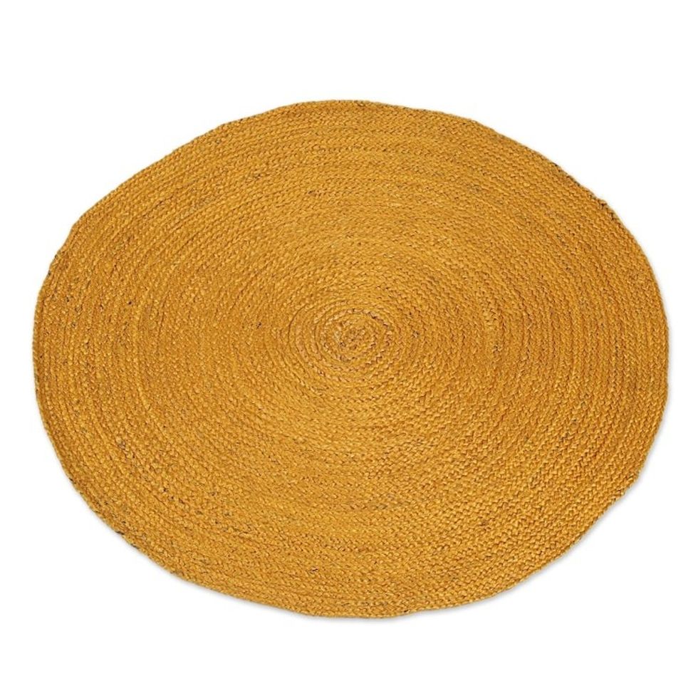 Round Handwoven Jute Area Rug in Maize 3 Feet Diameter 'Circular Beauty in Maize'