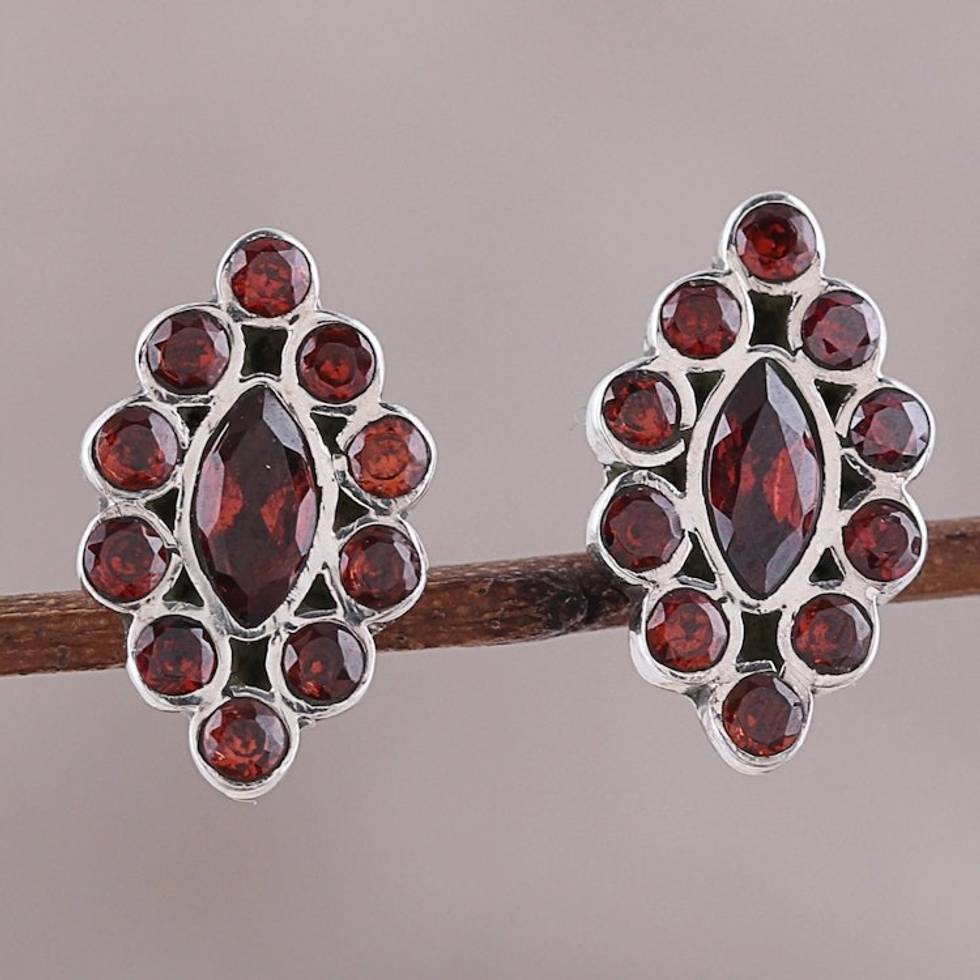 Handcrafted Garnet and Sterling Silver Button Earrings 'Radiant Crimson'
