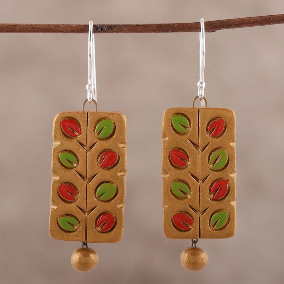 Hand Painted Ceramic Dangle Earrings with Leaf Motifs 'Colorful Branches'