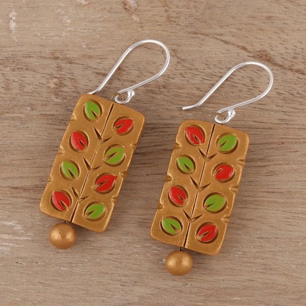 Alternate image for Hand Painted Ceramic Dangle Earrings with Leaf Motifs Colorful Branches