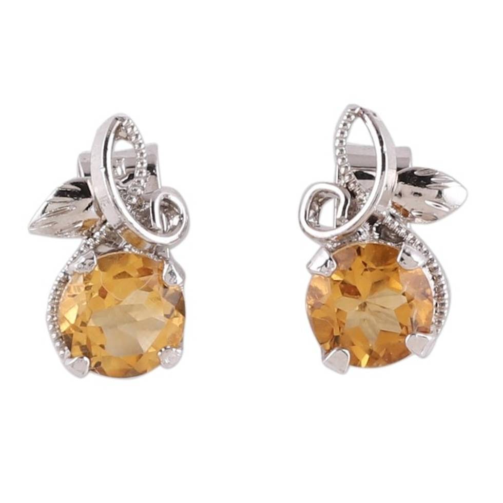Citrine Stud Earrings Plated in Rhodium from India 'Golden Bliss'