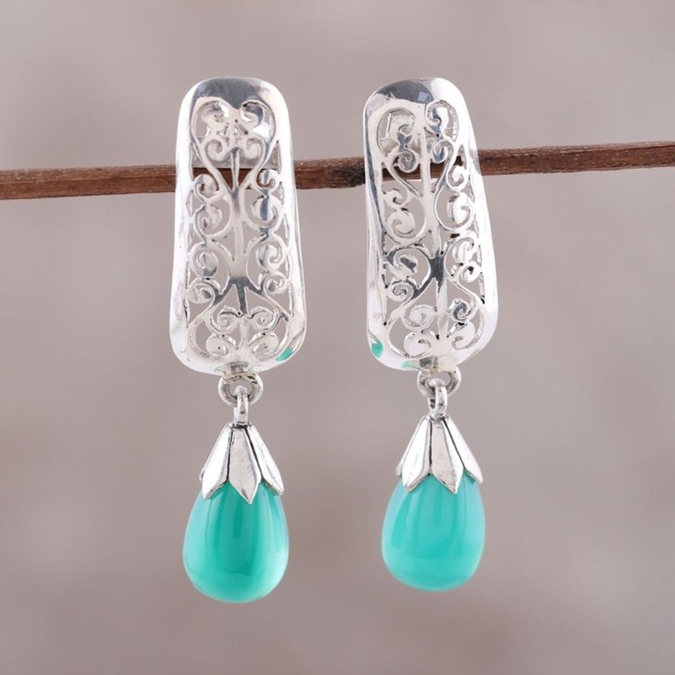 Green Onyx and Sterling Silver Cutwork Dangle Earrings 'Enchanted Evening'