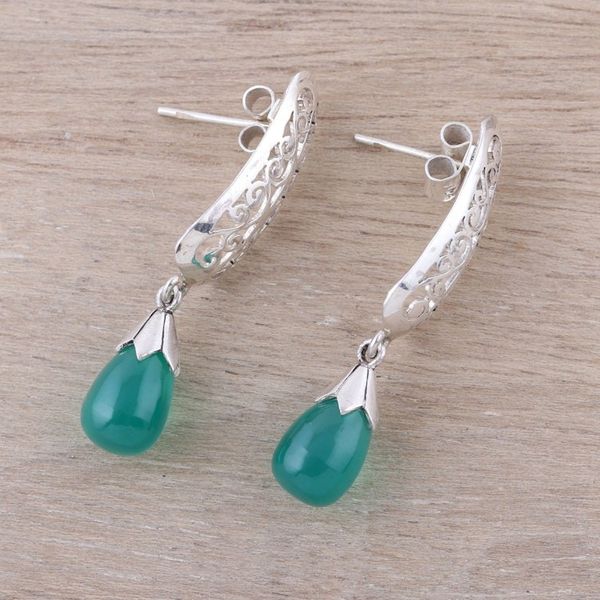 Alternate image for Green Onyx and Sterling Silver Cutwork Dangle Earrings Enchanted Evening