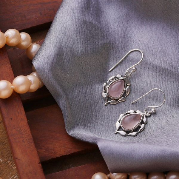 Alternate image for Paisley Motif Rose Quartz Dangle Earrings from India Circled by Paisleys