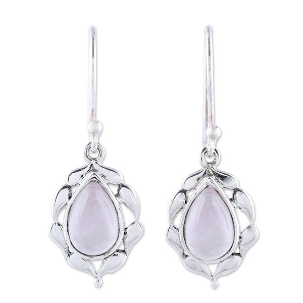 Alternate image for Paisley Motif Rose Quartz Dangle Earrings from India Circled by Paisleys