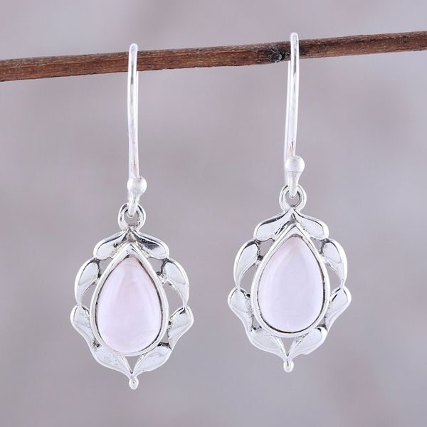 Alternate image for Paisley Motif Rose Quartz Dangle Earrings from India Circled by Paisleys