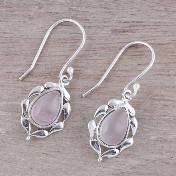 Alternate image for Paisley Motif Rose Quartz Dangle Earrings from India Circled by Paisleys