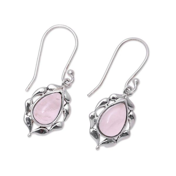 Alternate image for Paisley Motif Rose Quartz Dangle Earrings from India Circled by Paisleys