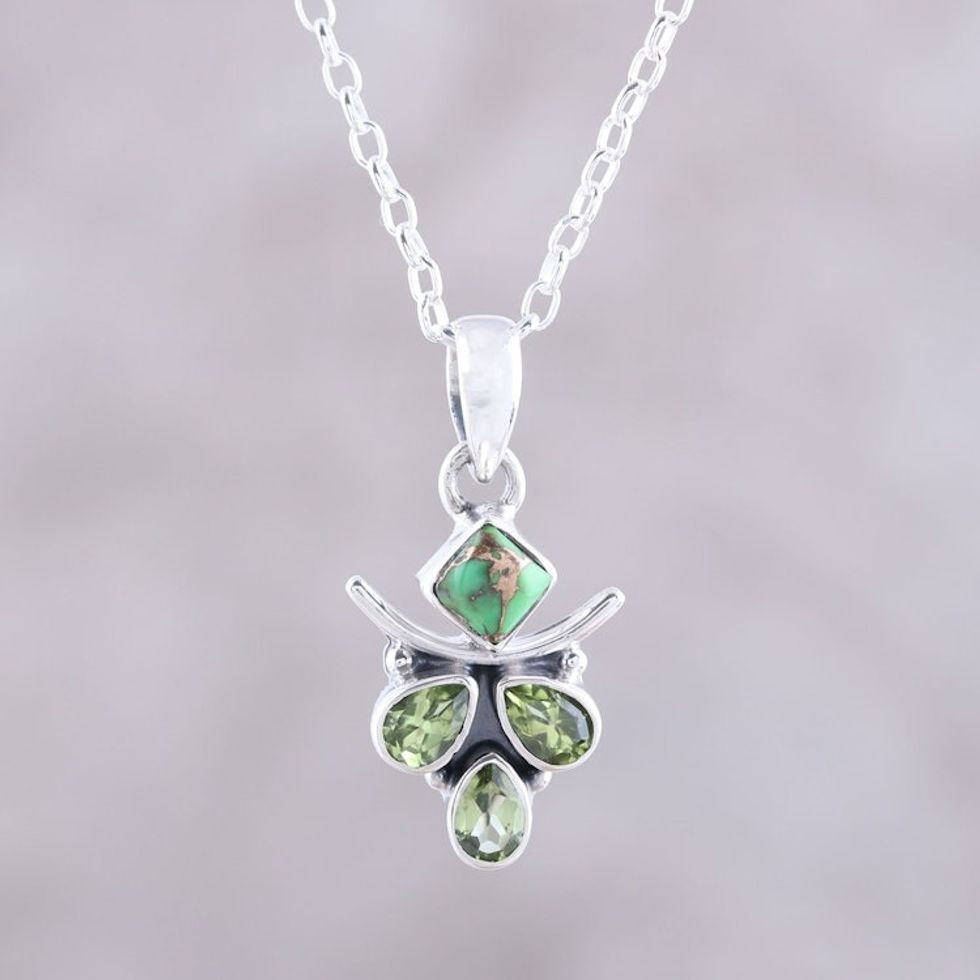 Peridot and Composite Turquoise Pendant Necklace from India 'Verdant Wonder'