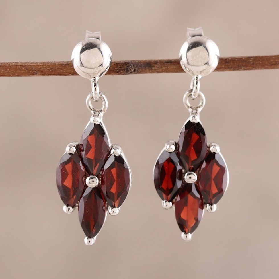 3-Carat Rhodium Plated Garnet Dangle Earrings from India 'Natural Charm'