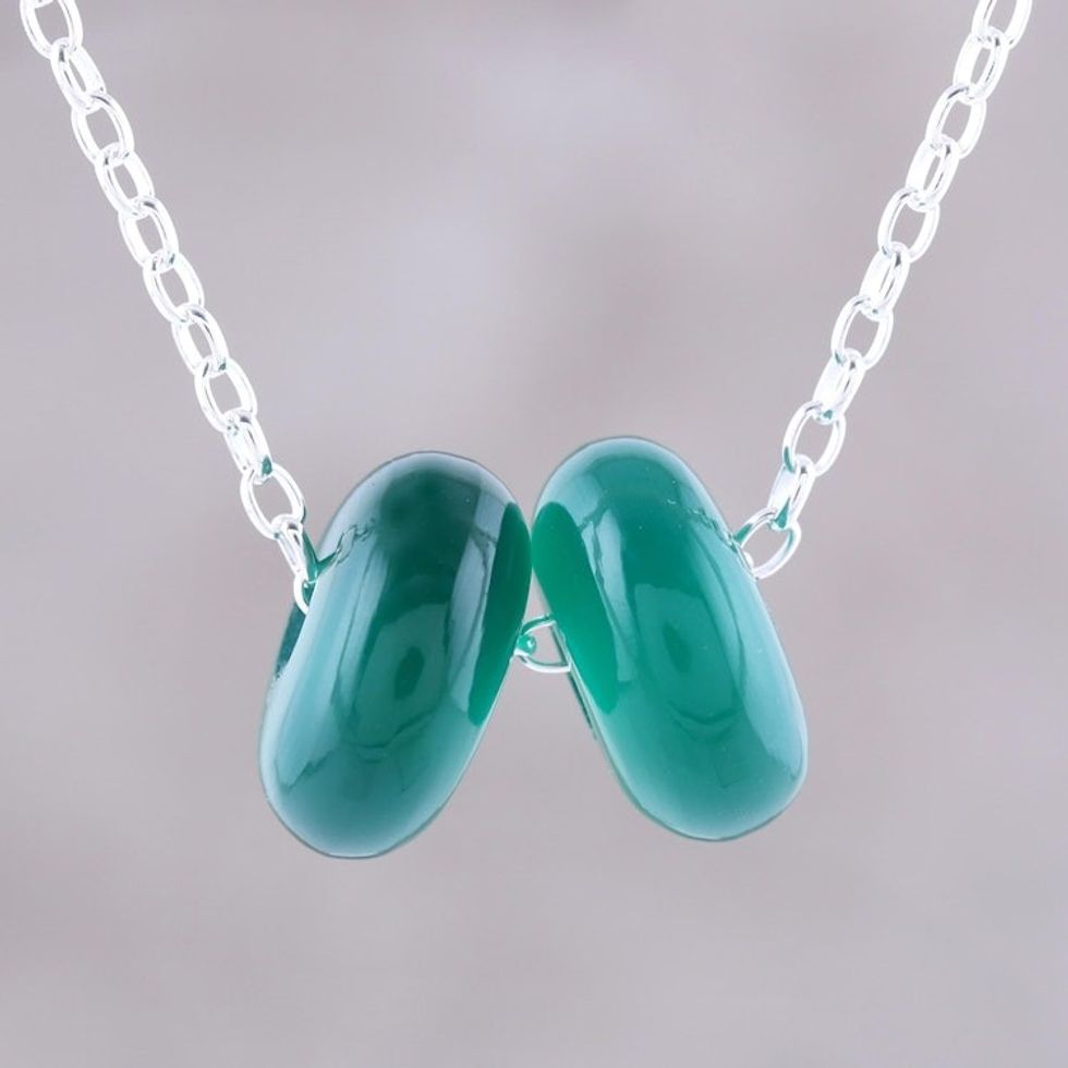 Green Onyx Double Disc and Sterling Silver Pendant Necklace 'Delightful Duet in Green'