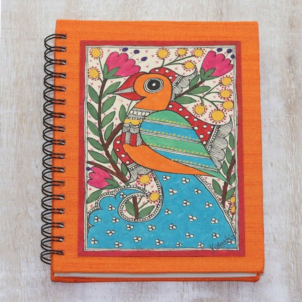 Paper Journal with Signed Madhubani Bird Painting from India 'Spring Bliss'