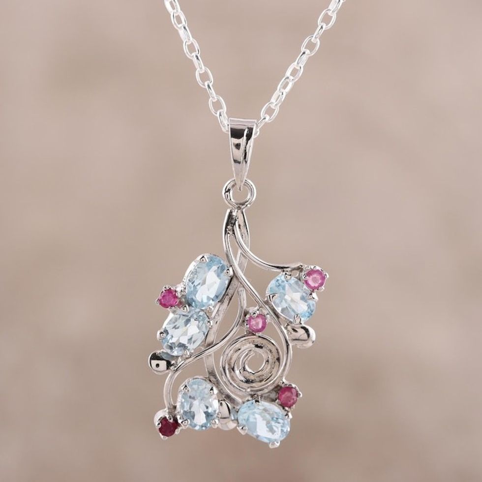 Rhodium Plated Blue Topaz and Ruby Pendant Necklace 'Delightful Berries'