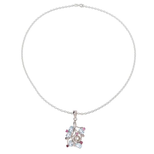 Alternate image for Rhodium Plated Blue Topaz and Ruby Pendant Necklace Delightful Berries