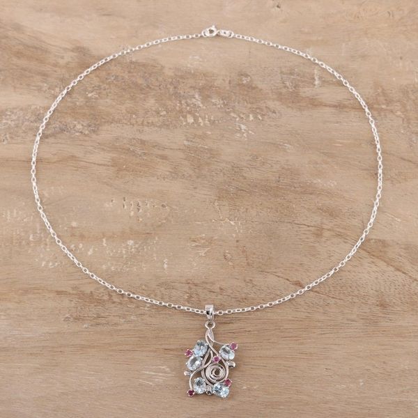 Alternate image for Rhodium Plated Blue Topaz and Ruby Pendant Necklace Delightful Berries