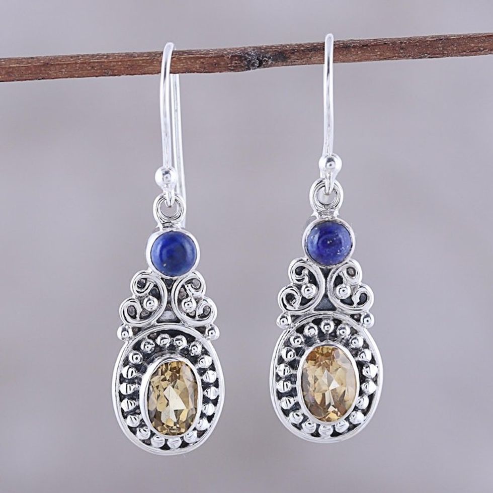 Curl Motif Citrine and Lapis Lazuli Dangle Earrings 'Majestic Curls'