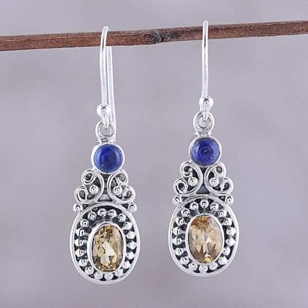 Alternate image for Curl Motif Citrine and Lapis Lazuli Dangle Earrings Majestic Curls