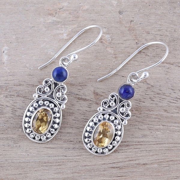 Alternate image for Curl Motif Citrine and Lapis Lazuli Dangle Earrings Majestic Curls