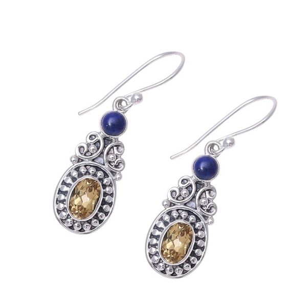 Alternate image for Curl Motif Citrine and Lapis Lazuli Dangle Earrings Majestic Curls