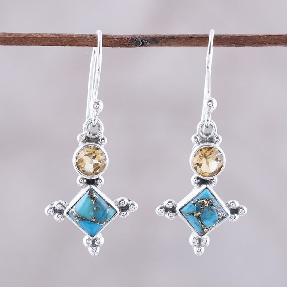 Sterling Silver Citrine and Composite Turquoise Earrings 'Opulent Stars'