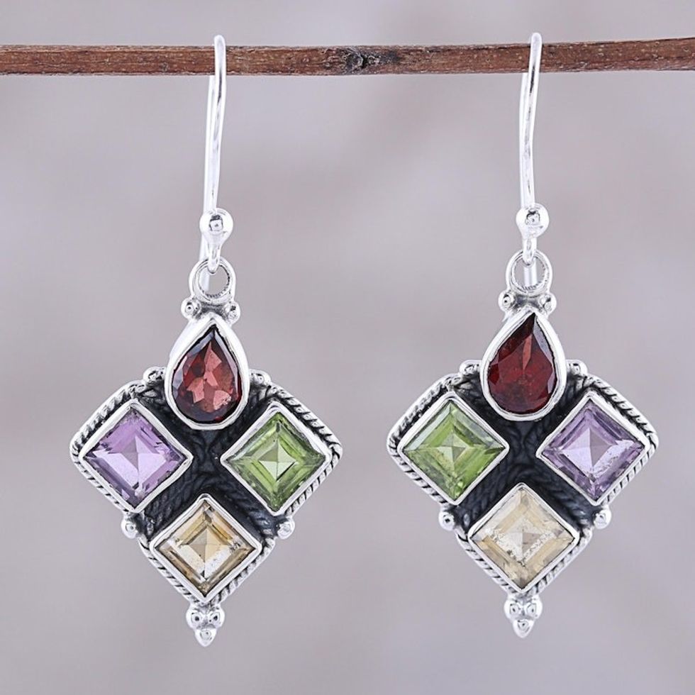 Indian Garnet Citrine Peridot and Amethyst Dangle Earrings 'Sparkling Quartet'