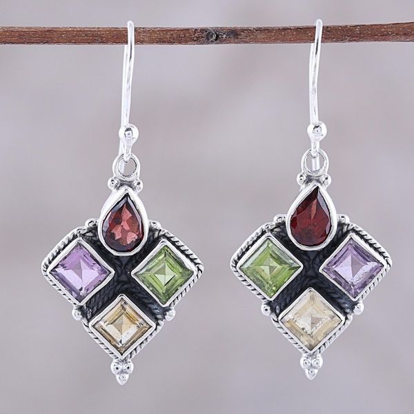 Alternate image for Indian Garnet Citrine Peridot and Amethyst Dangle Earrings Sparkling Quartet