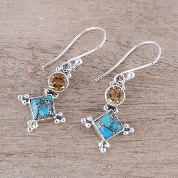 Alternate image for Sterling Silver Citrine and Composite Turquoise Earrings Opulent Stars