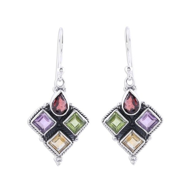 Alternate image for Indian Garnet Citrine Peridot and Amethyst Dangle Earrings Sparkling Quartet