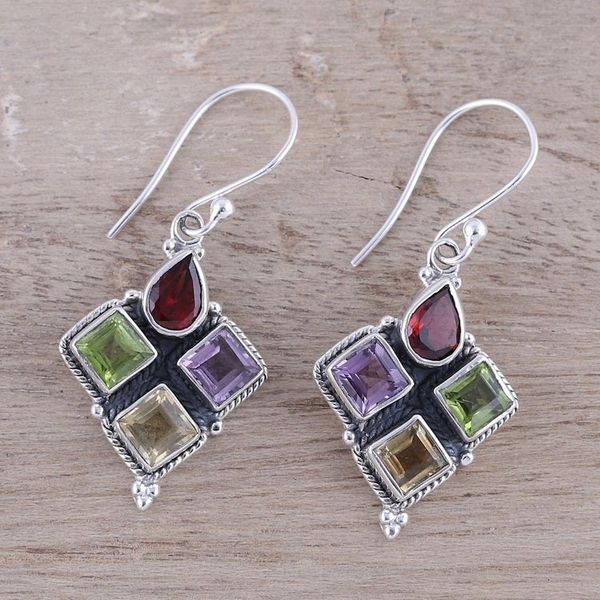Alternate image for Indian Garnet Citrine Peridot and Amethyst Dangle Earrings Sparkling Quartet