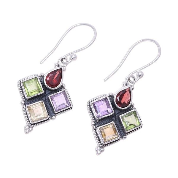 Alternate image for Indian Garnet Citrine Peridot and Amethyst Dangle Earrings Sparkling Quartet