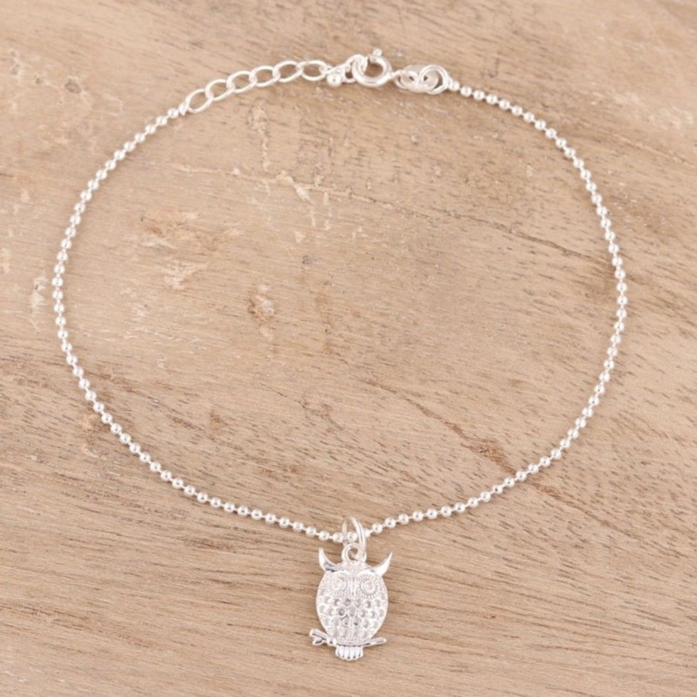 Sterling Silver Owl Charm Bracelet from India 'Hooting Owl'