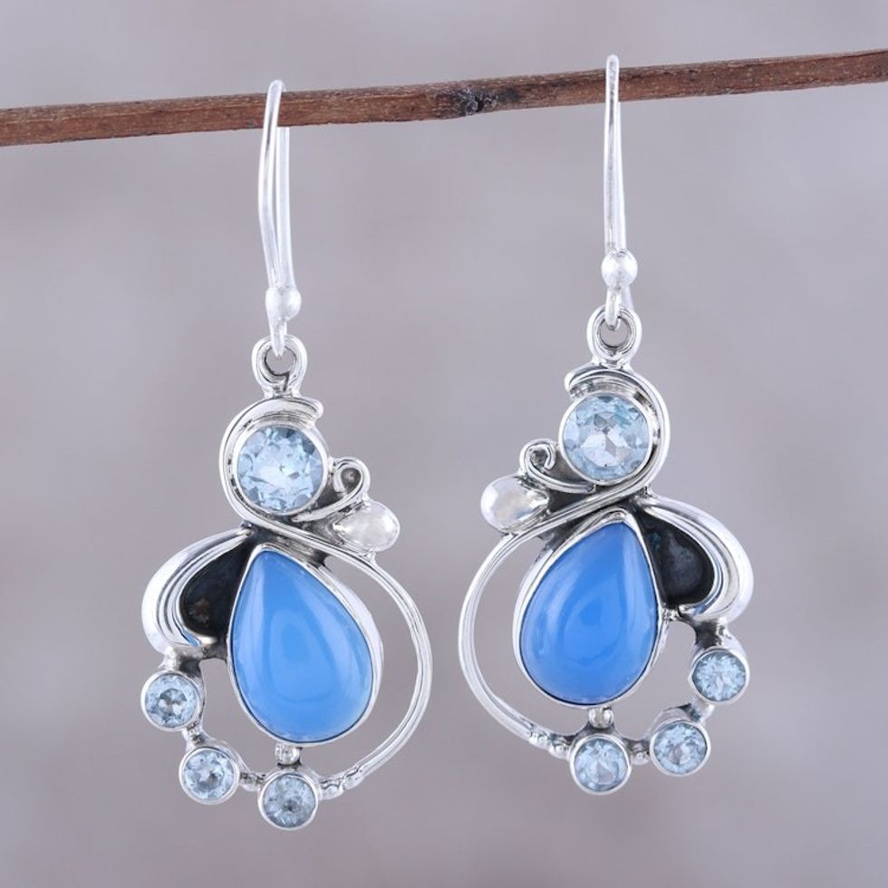 Blue Topaz and Chalcedony Dangle Earrings from India 'Elegant Dew'