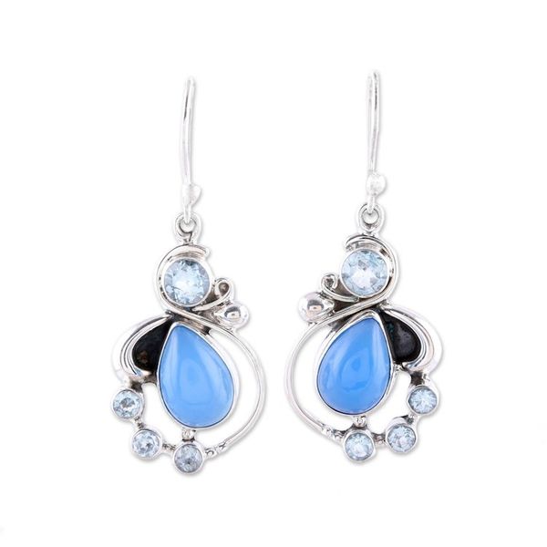 Alternate image for Blue Topaz and Chalcedony Dangle Earrings from India Elegant Dew