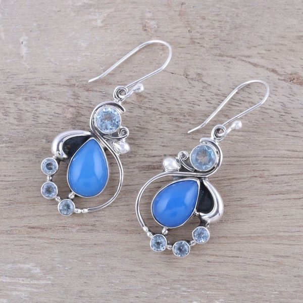 Alternate image for Blue Topaz and Chalcedony Dangle Earrings from India Elegant Dew
