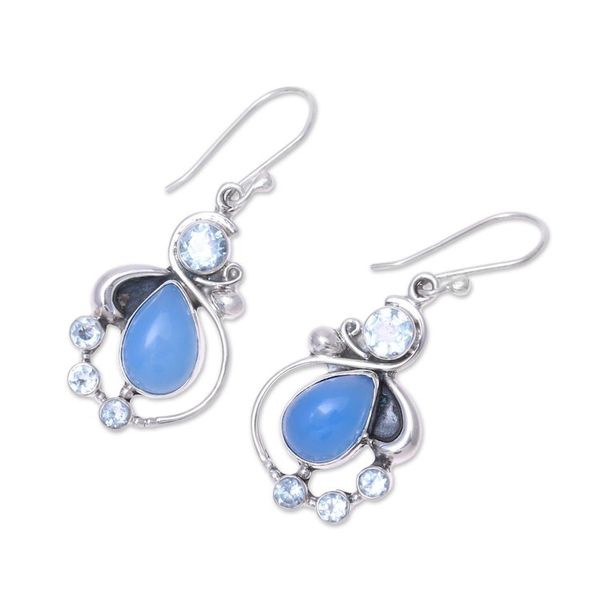 Alternate image for Blue Topaz and Chalcedony Dangle Earrings from India Elegant Dew