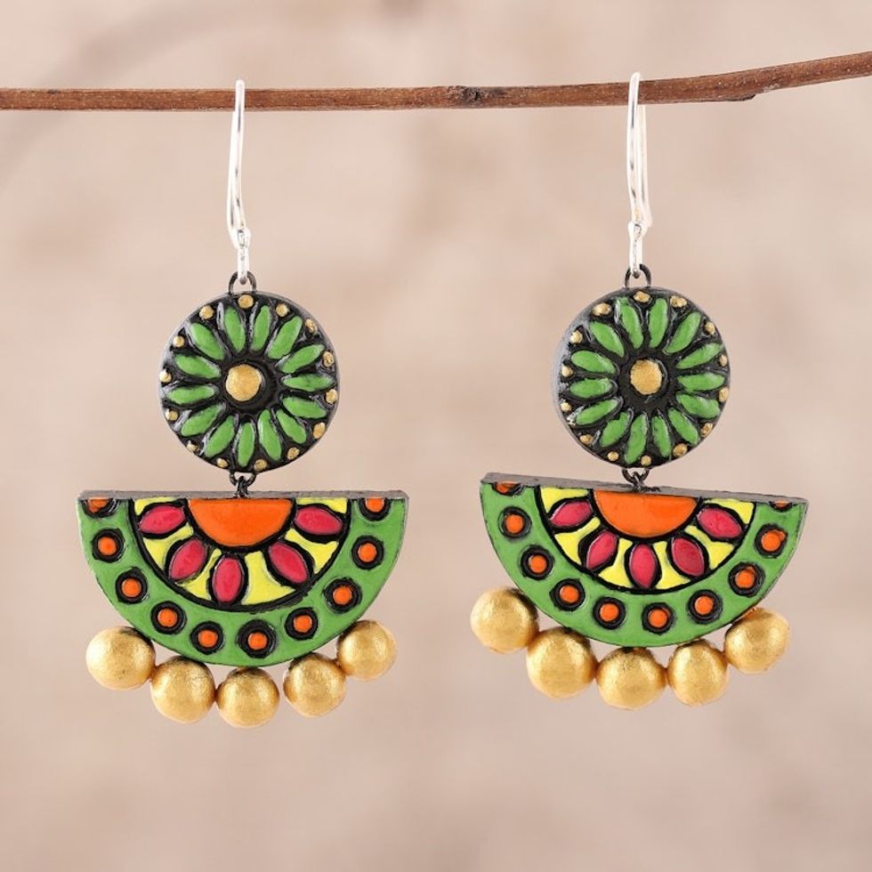 Artisan Crafted Bollywood Ceramic Dangle Earrings from India 'Crescent Flora'